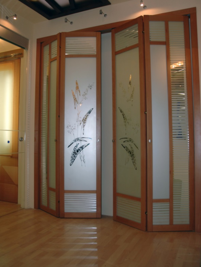 Широкие двери гармошка с матовым стеклом и рисунком Бобруйск